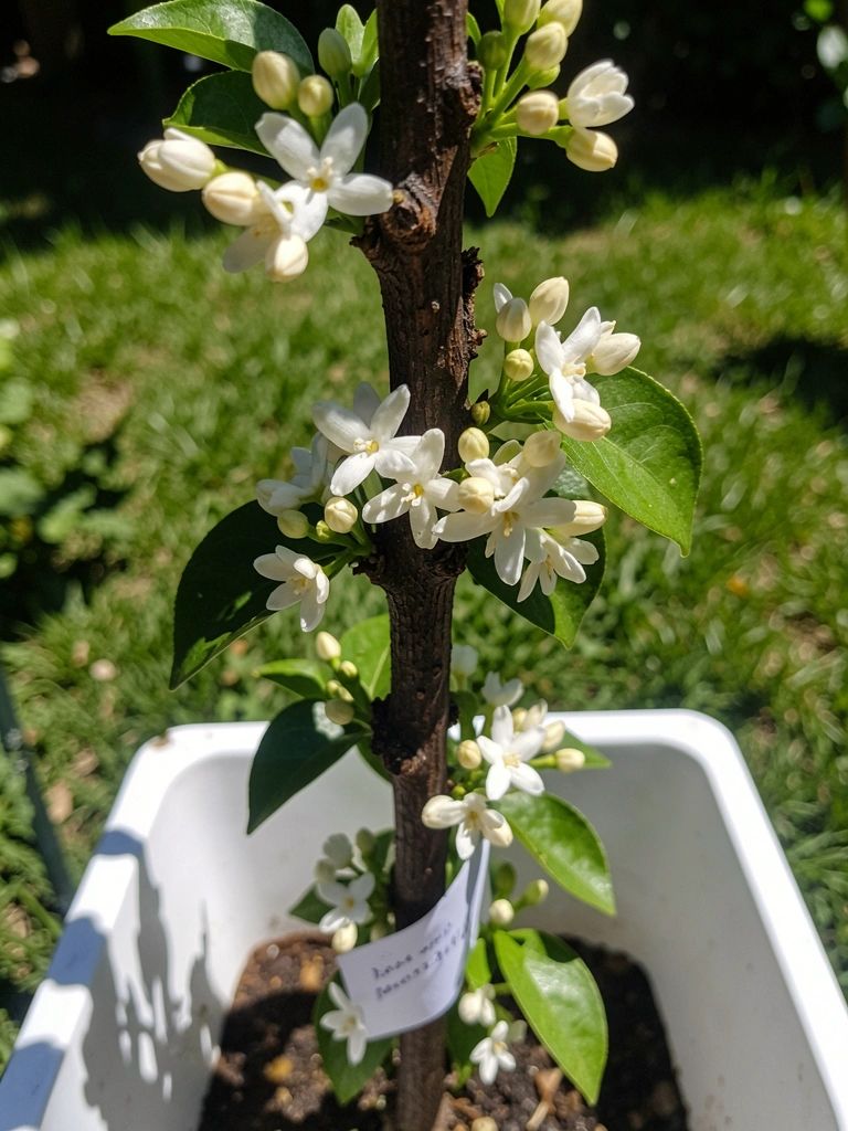 Folhas verdes e flores brancas de jasmim sob luz solar intensa.