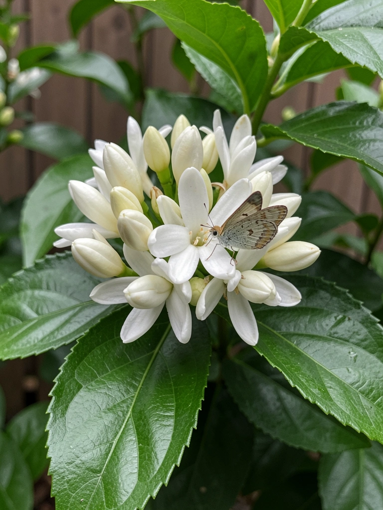Borboleta pousada em flor de jasmim sambac, detalhes das pétalas brancas e asas alaranjadas.