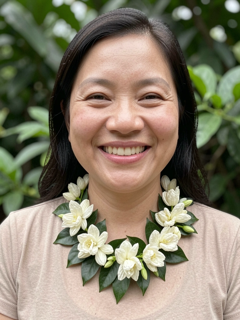 Mulher filipina com colar de flores de sampaguita ao redor do pescoço.