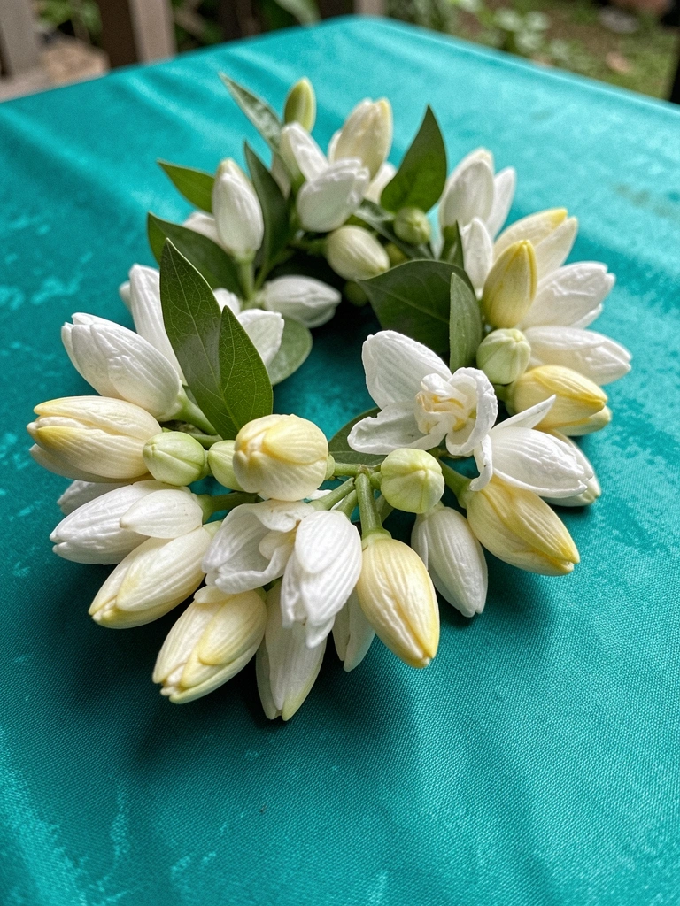 Grinalda de sampaguita branca e amarela sobre mesa de madeira.