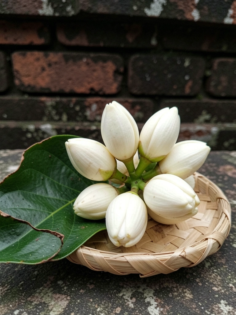Flores de melati putih dispostas sobre uma bandeja em um templo.