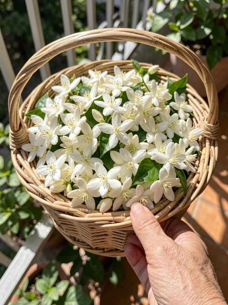 Vaso de jasmim sambac com flores brancas em varanda iluminada pelo sol da tarde.