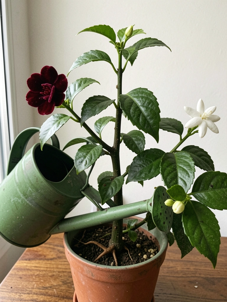 Regador despejando água sobre planta de jasmim sambac em vaso.