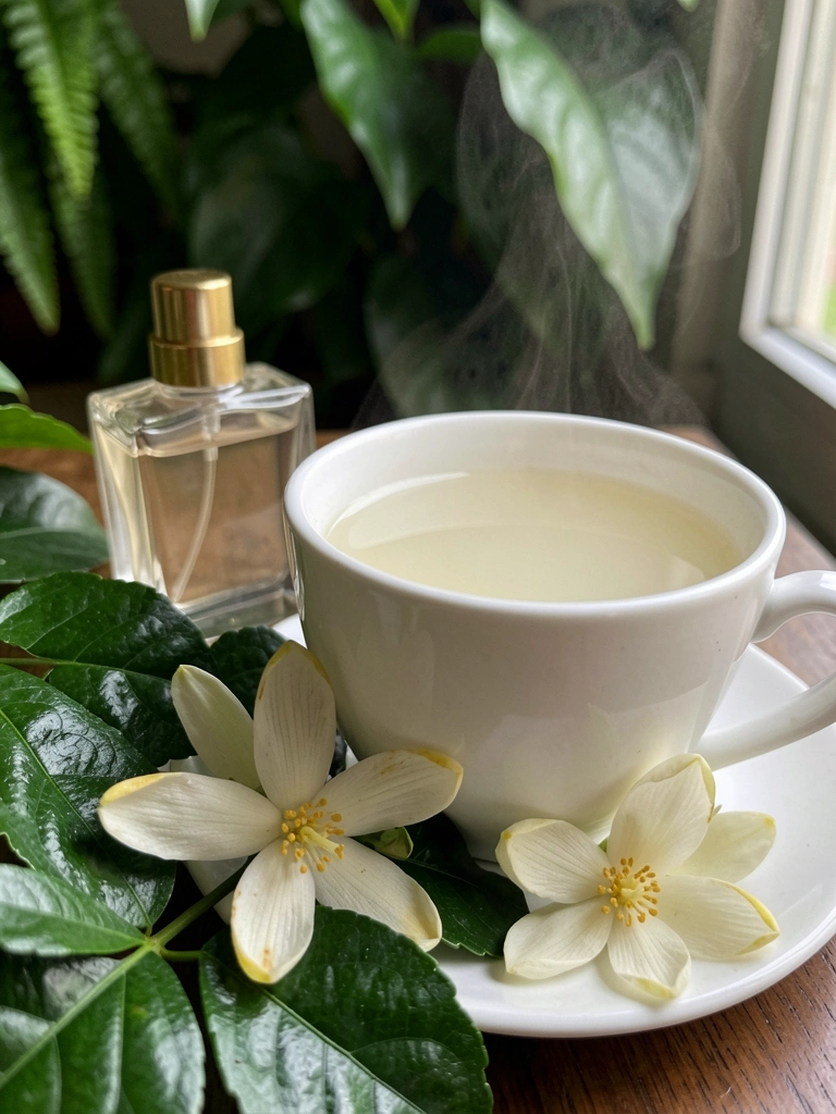 Xícara de chá de jasmim com flores ao lado de um frasco de perfume sobre uma superfície de madeira.
