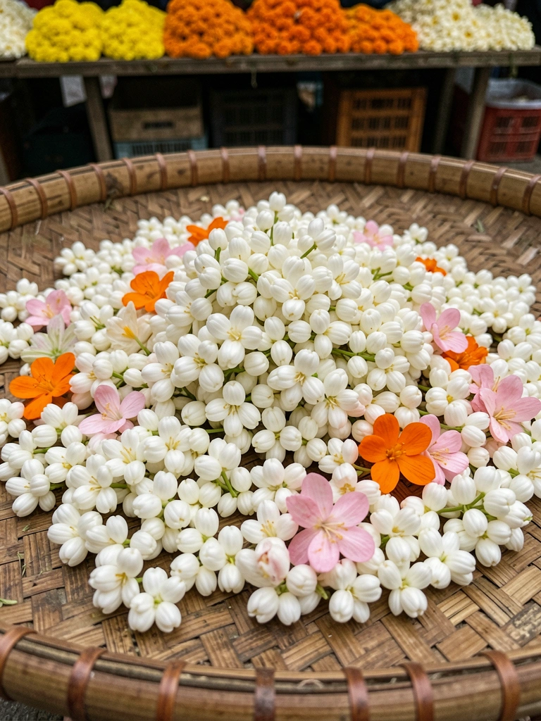 Flores de jasmim sambac secando em uma peneira de vime.