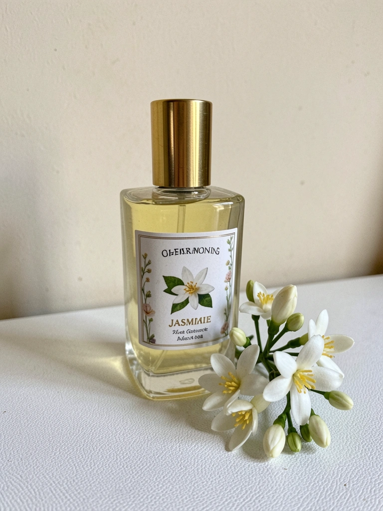 Frasco de perfume âmbar ao lado de flores de jasmim sobre uma superfície clara.