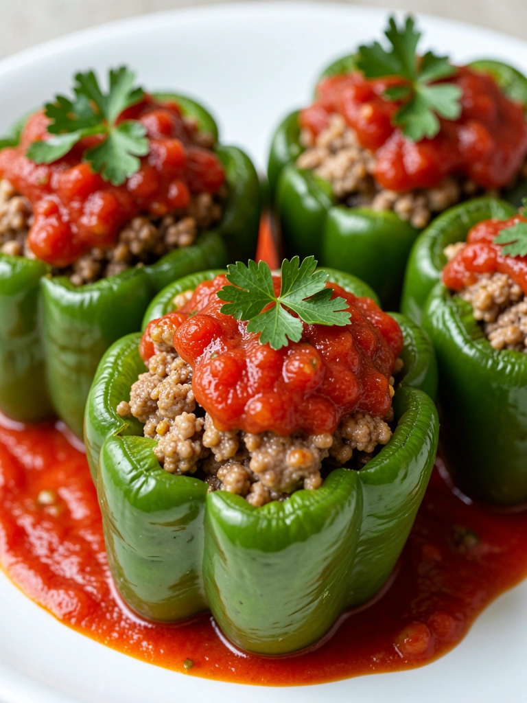 Cinco pimentões verdes recheados com carne moída, cobertos com molho de tomate vermelho e salsinha, em prato de porcelana branca, luz natural suave destacando texturas.