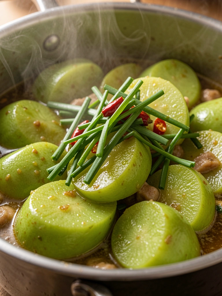Jiló verde cozido em molho brilhante com pedaços de carne, cebolinha e pimenta vermelha, luz natural destacando texturas.