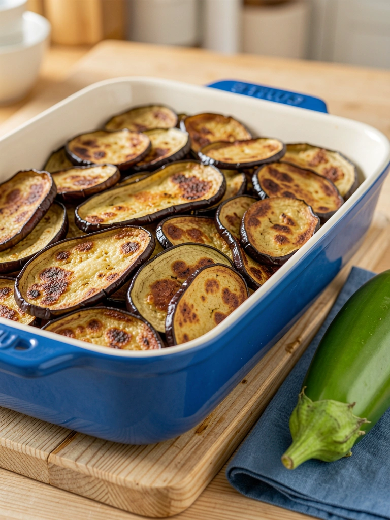 Luz natural incide sobre refratário azul Staub com fatias de berinjela fritas, ao lado de uma berinjela verde sobre guardanapo azul e tábua de madeira clara.