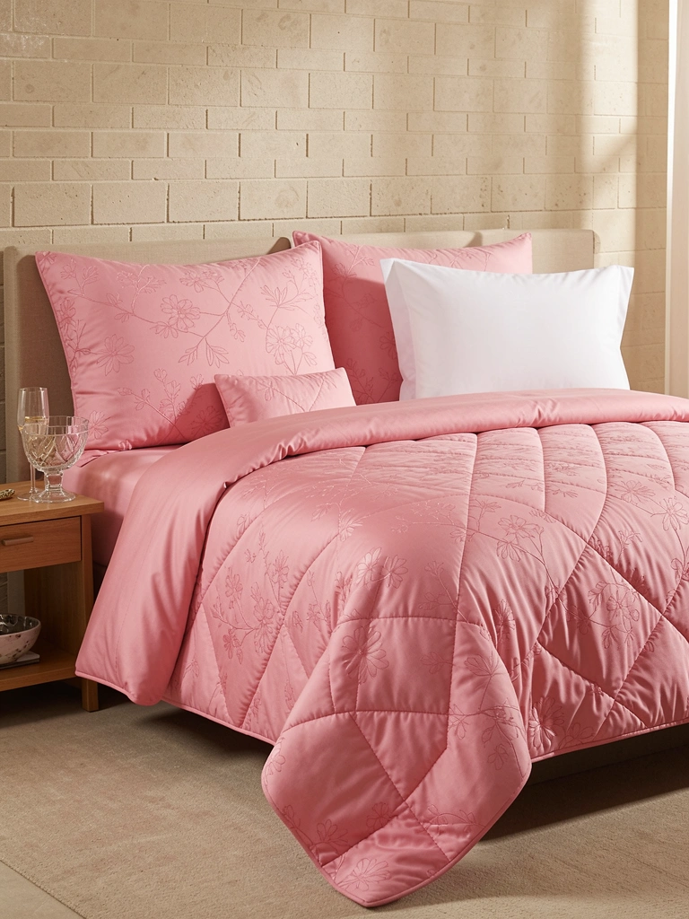 Cama king-size com edredom rosa florido, fronha branca e mesa de cabeceira com taças de champanhe, parede de tijolos bege e luz natural difusa.