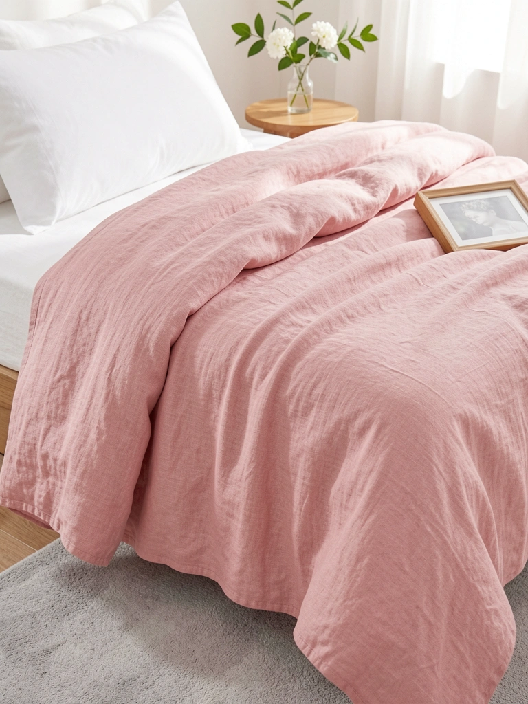 Edredom de linho rosa blush com dobras, fronha branca, vaso com flores brancas e folhas verdes sobre mesa redonda de madeira, quadro em moldura na cama, luz natural suave.