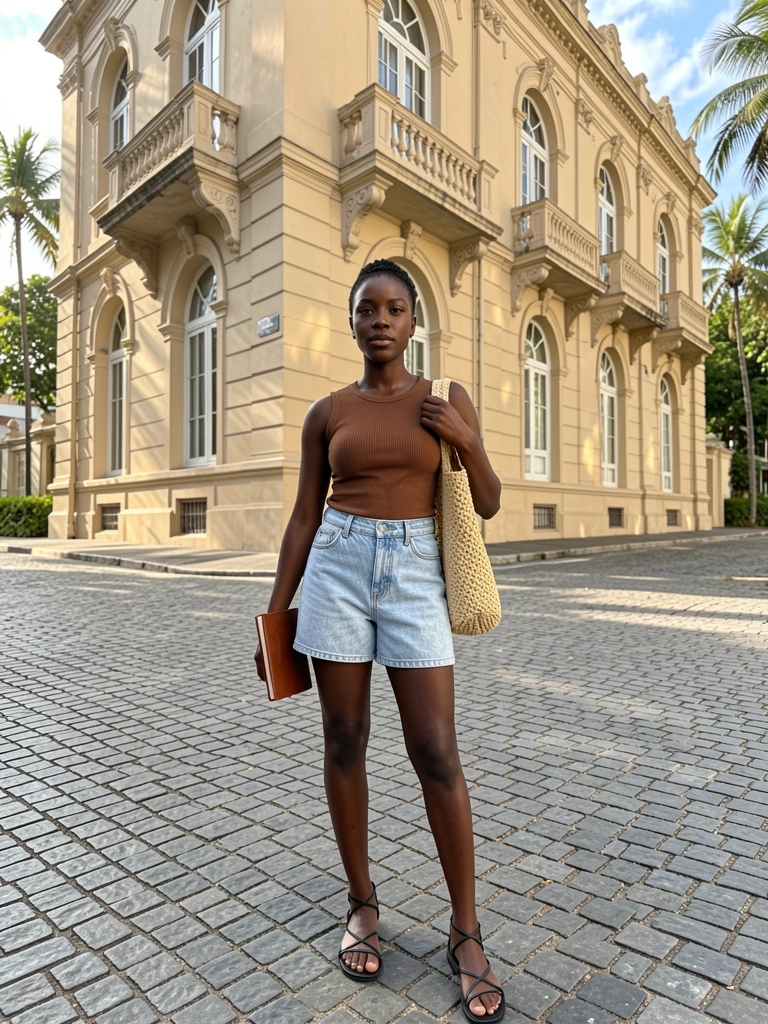 Mulher negra com top de tricô marrom e shorts jeans em rua de paralelepípedos, diante de prédio ornamentado, segurando diário de couro e bolsa de palha sob luz natural.
