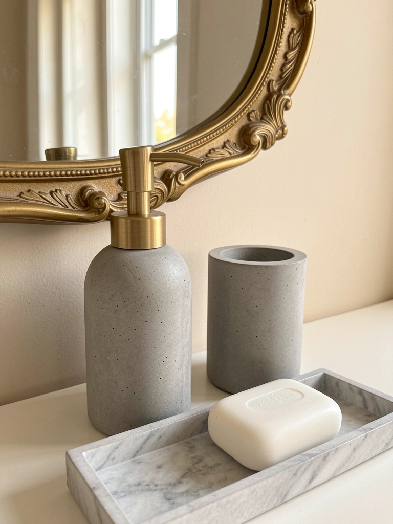 Dispenser de sabão e porta-escovas de concreto cinza com detalhe dourado, bandeja de mármore com sabonete branco, espelho dourado refletindo a cena sob luz natural.