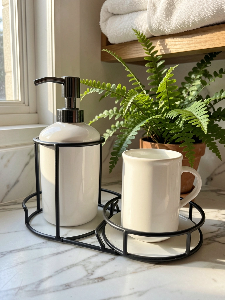 Mármore com veios sutis sob dispenser cerâmico branco com estrutura preta, copo combinando, samambaia em vaso e toalha dobrada em prateleira de madeira ao fundo, luz natural.