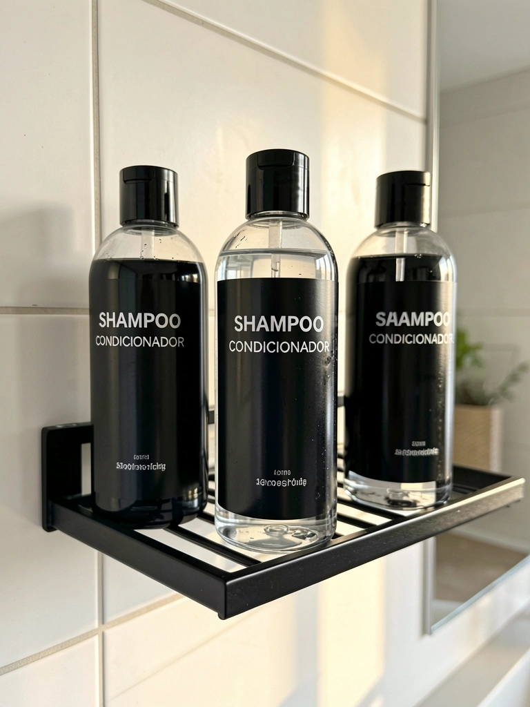 Três frascos pretos de shampoo e condicionador em prateleira metálica, luz natural destaca textura do líquido e rótulos brancos.