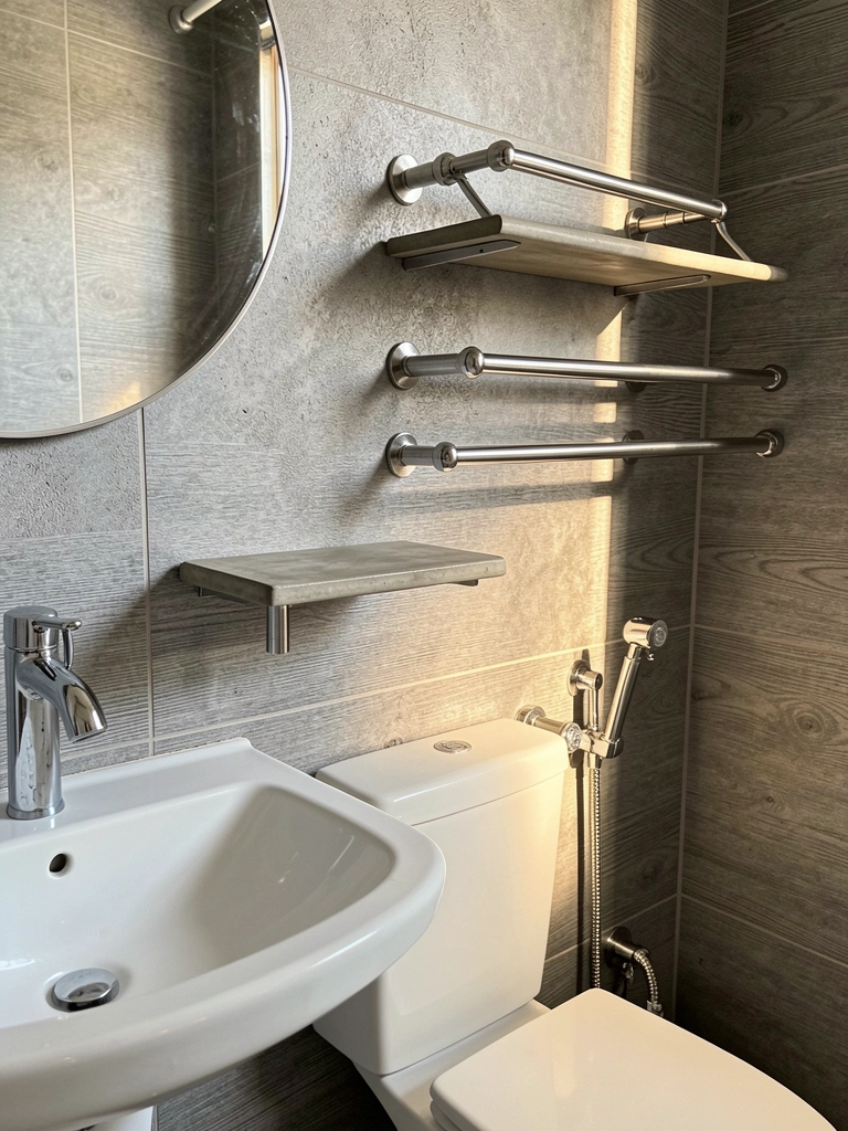 Bancada de resina e cimento com toalheiro de aço inox, espelho redondo e pia de cerâmica branca sob luz natural.