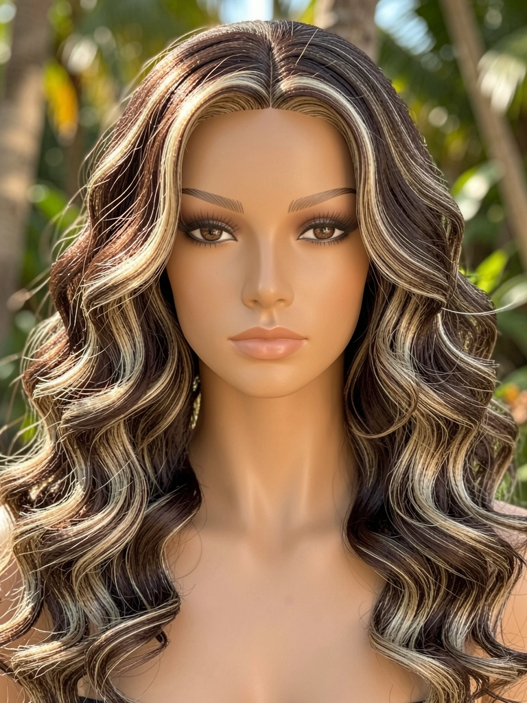 Cabeça de manequim com peruca longa cacheada castanha e loira, luz natural suave e fundo tropical desfocado.
