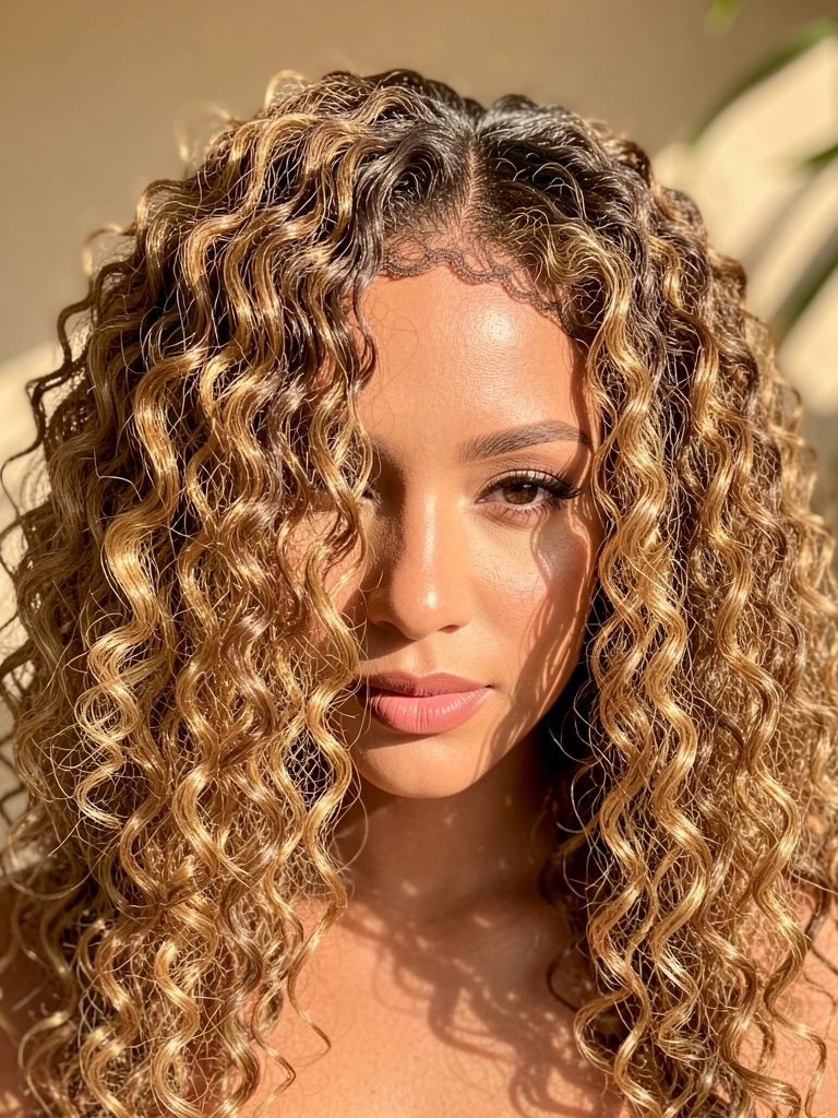 Close-up de peruca com cachos volumosos e reflexos dourados sobre fundo bege desfocado, luz tropical suave destacando os detalhes da renda e baby hair.