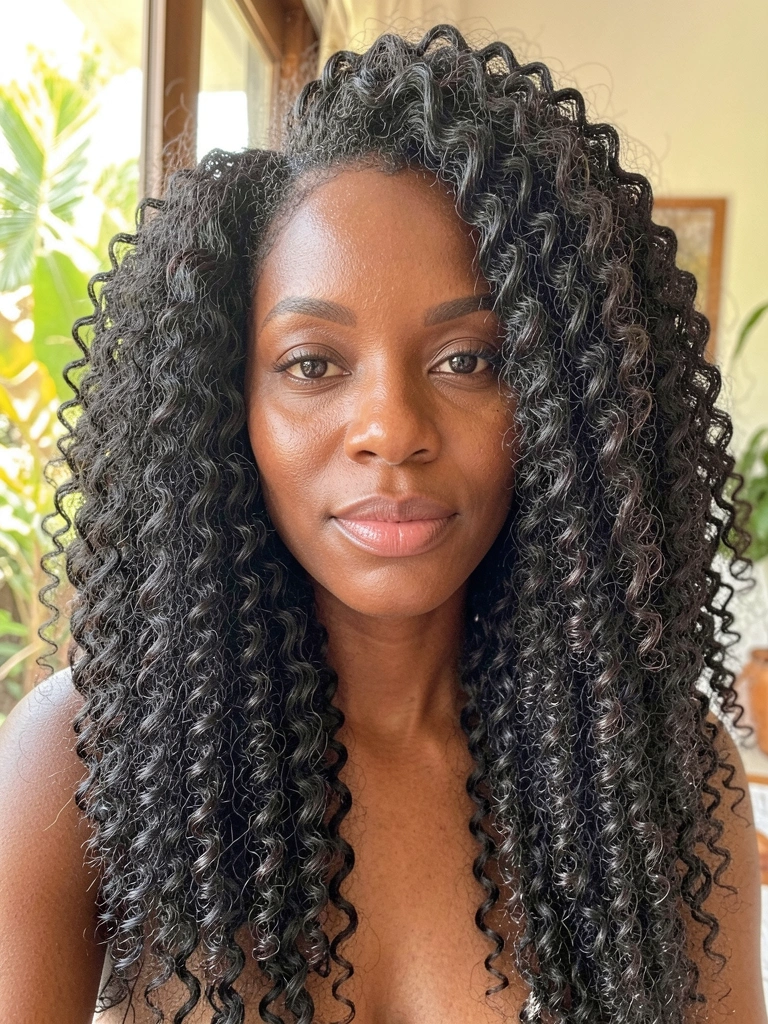 Close-up de mulher negra com cabelos crespos volumosos e detalhados, iluminados por luz natural suave e fundo desfocado.