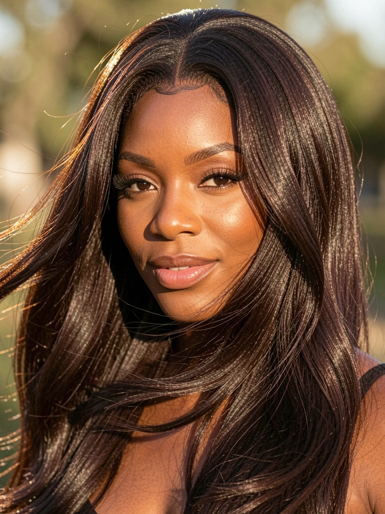 Close-up de mulher negra com peruca lace front marrom escura, fios brilhantes e luz natural destacando a textura.