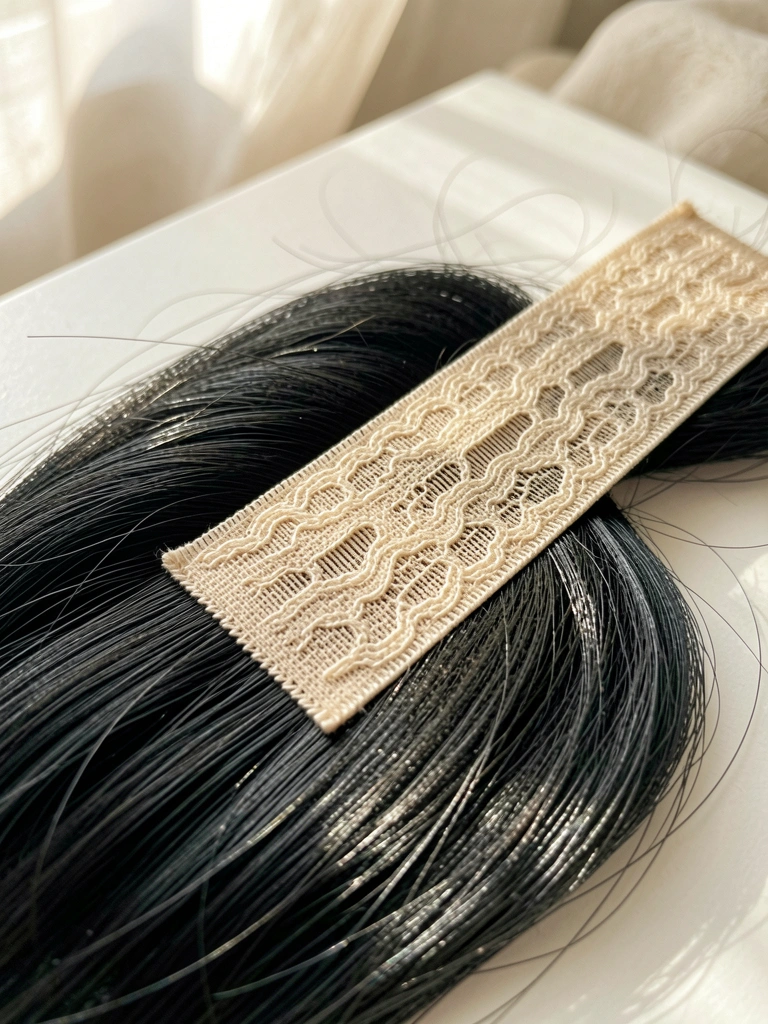 Close-up de lace closure preta brilhante sobre superfície branca, costuras intricadas e renda bege cremosa iluminadas por luz natural suave.
