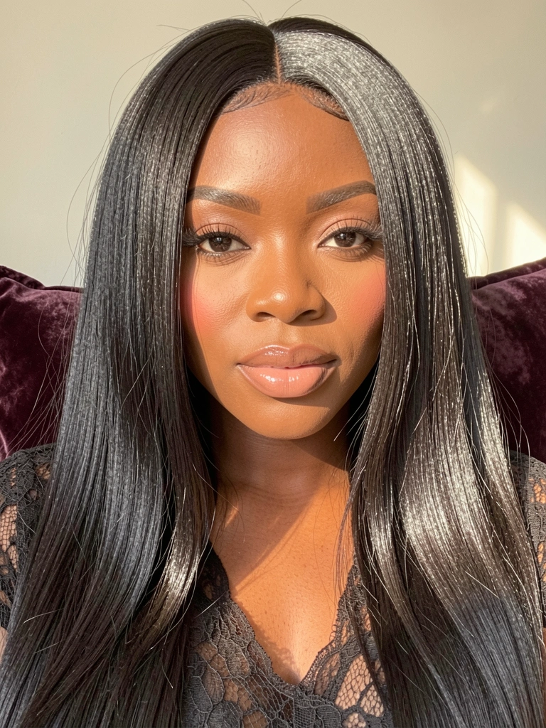 Close de mulher negra com cabelo liso e longo usando peruca lace front, maquiagem em tons quentes e almofada de veludo ao fundo.