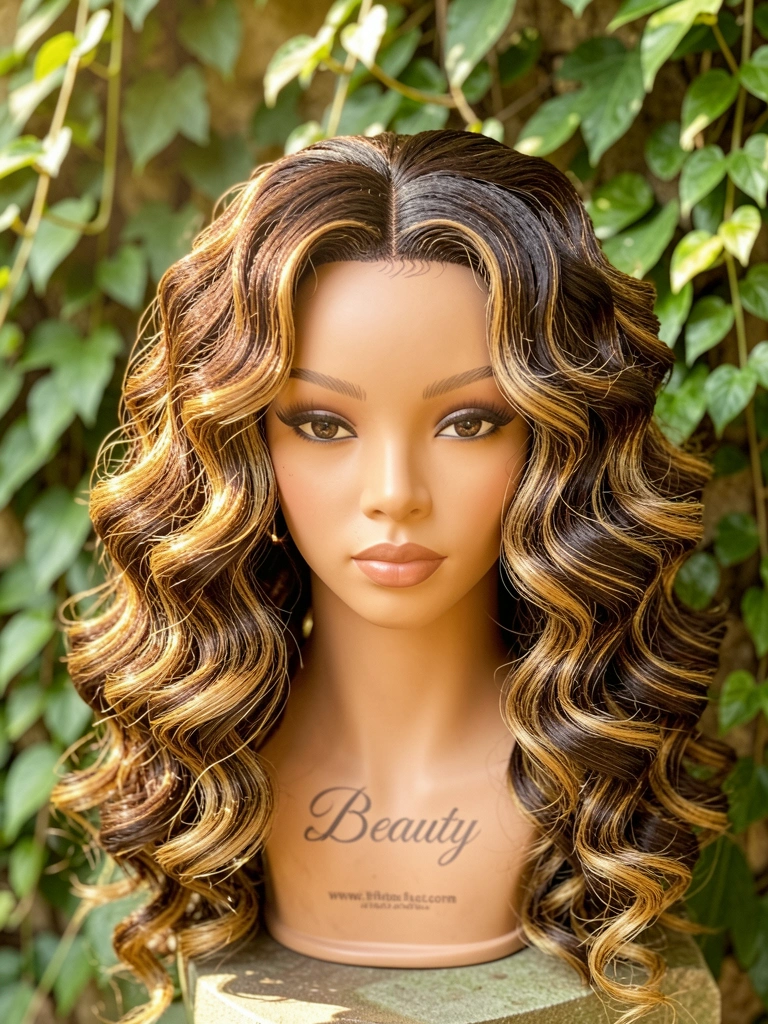 Mannequin head with voluminous wavy hair weave with golden accents, warm sunlight highlighting texture, lush green foliage blurred in background.