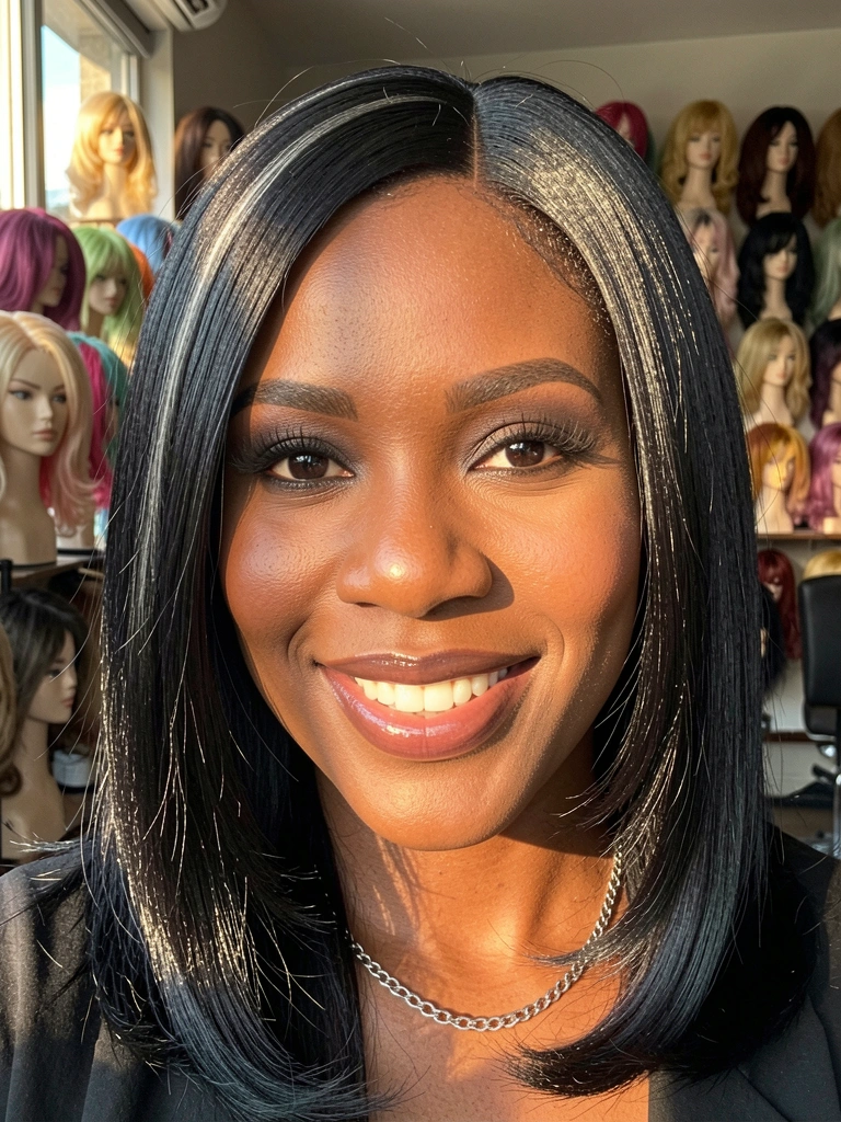 Mulher negra de sorriso genuíno, pele com brilho natural, cílios marcados e batom gloss, usando peruca preta com reflexos e colar de prata. Ao fundo, perucas coloridas em manequins e luz do sol difusa.