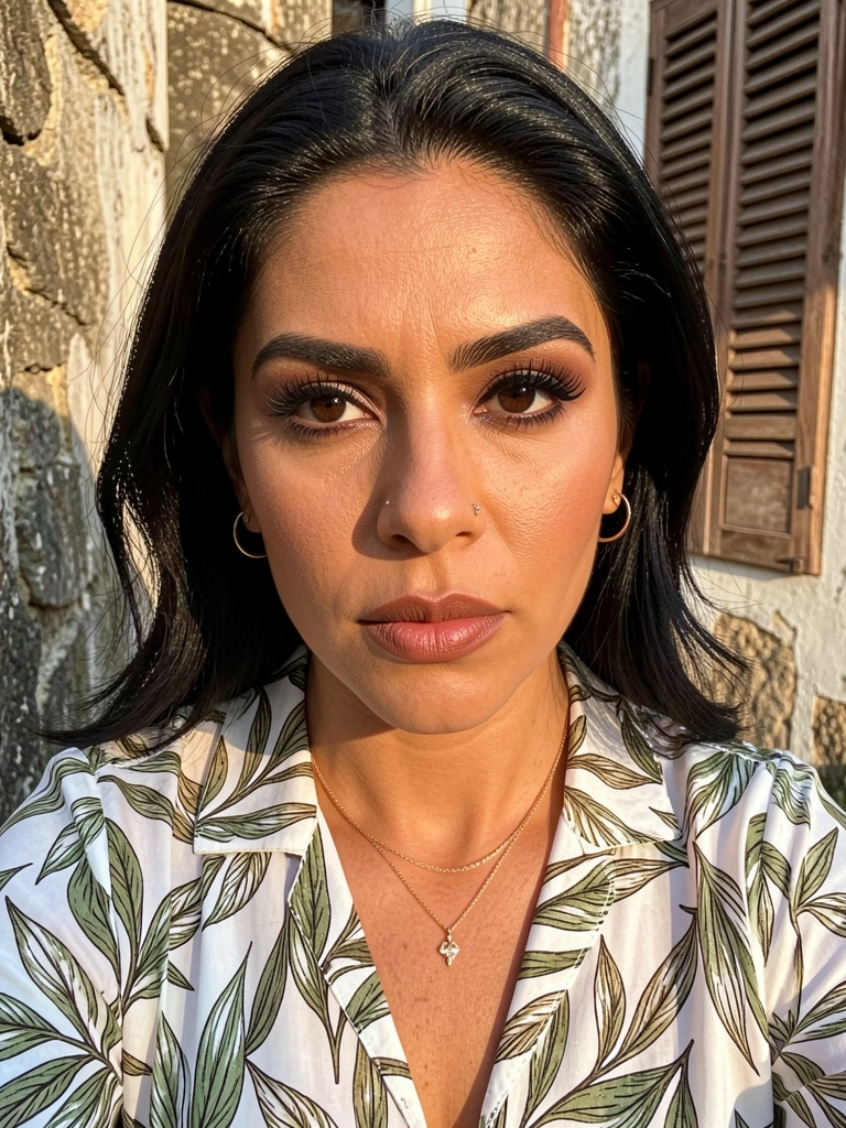 Mulher de cabelo escuro e maquiagem marcante, blusa branca com folhas, olhar direto, luz natural, parede de pedra e janela de madeira ao fundo.