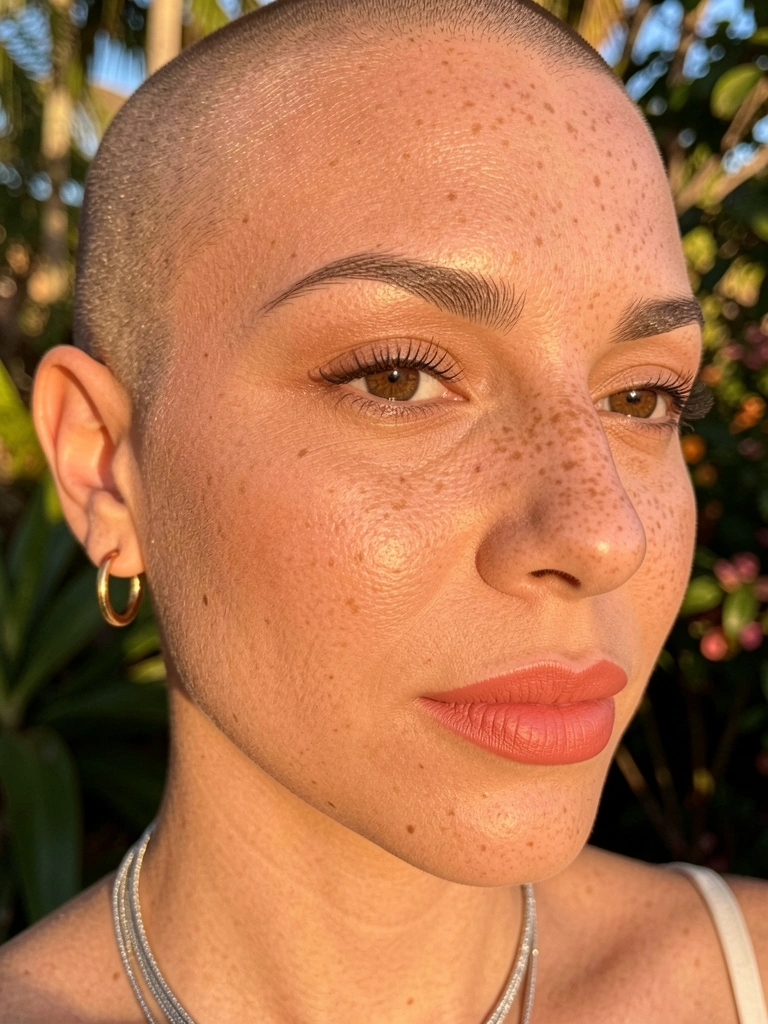 Luz dourada incide sobre rosto feminino com cabeça raspada, pele com sardas e batom coral, brinco argola dourada e colar prateado em camadas.