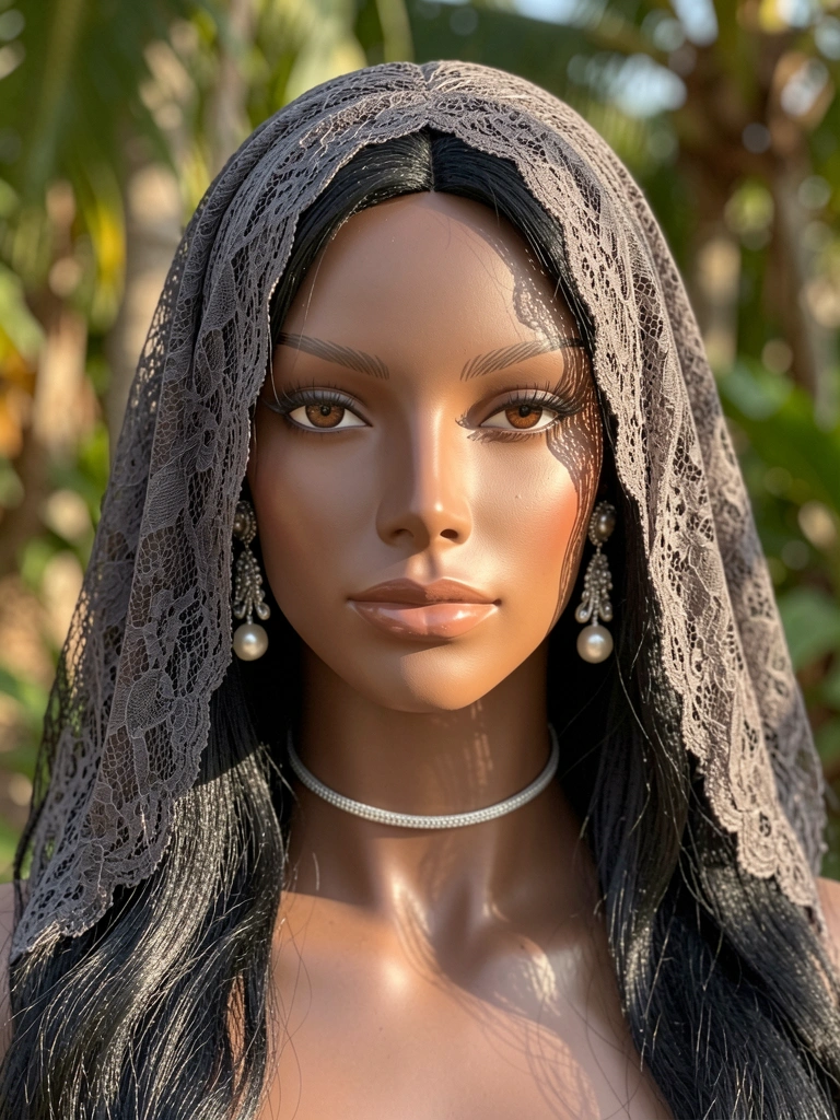 Manequim negro com peruca de renda preta, brincos de pérola e gargantilha de prata, luz natural suave.