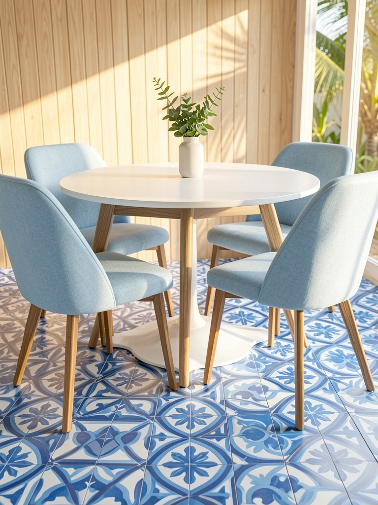 Mesa redonda branca com cadeiras azuis claras e pés de madeira sobre piso de ladrilho hidráulico azul e branco, vaso de verde ao fundo.