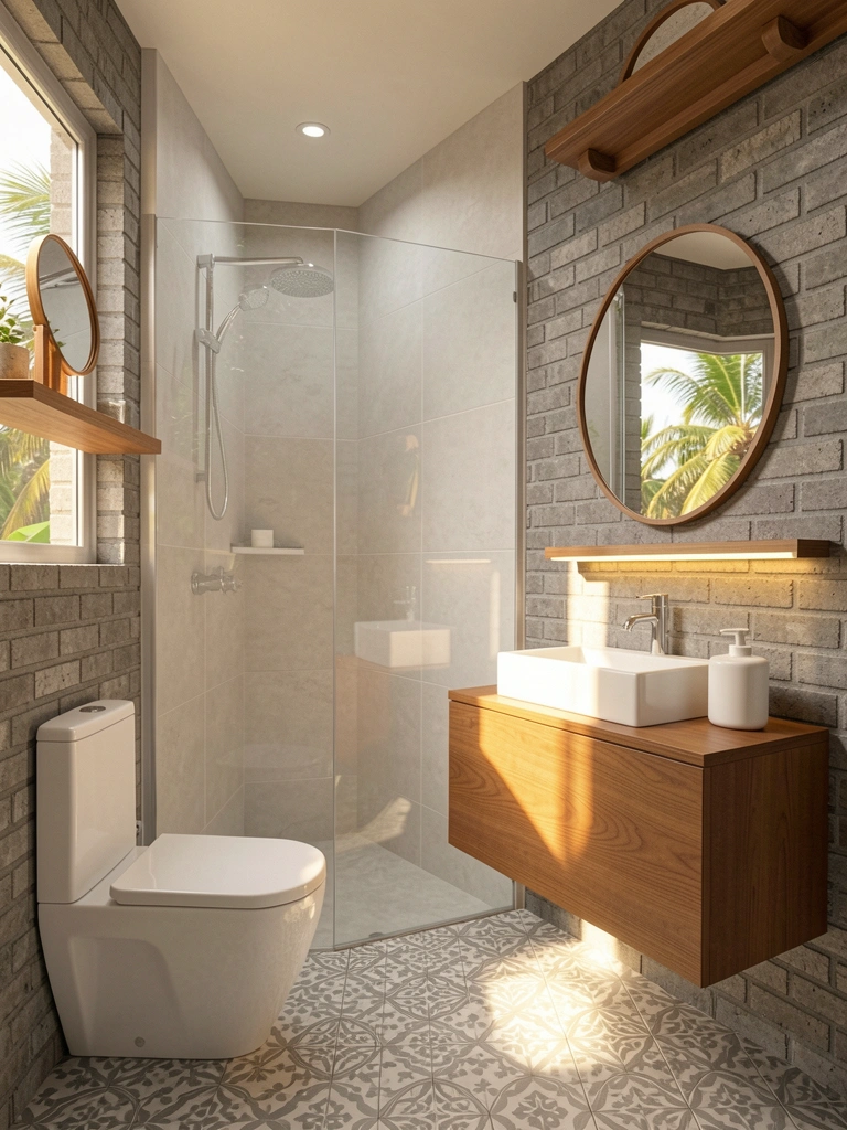 Box de chuveiro com azulejos cinza claro, bancada flutuante de madeira, pia retangular e saboneteira branca, luz natural e piso xadrez cinza e branco.