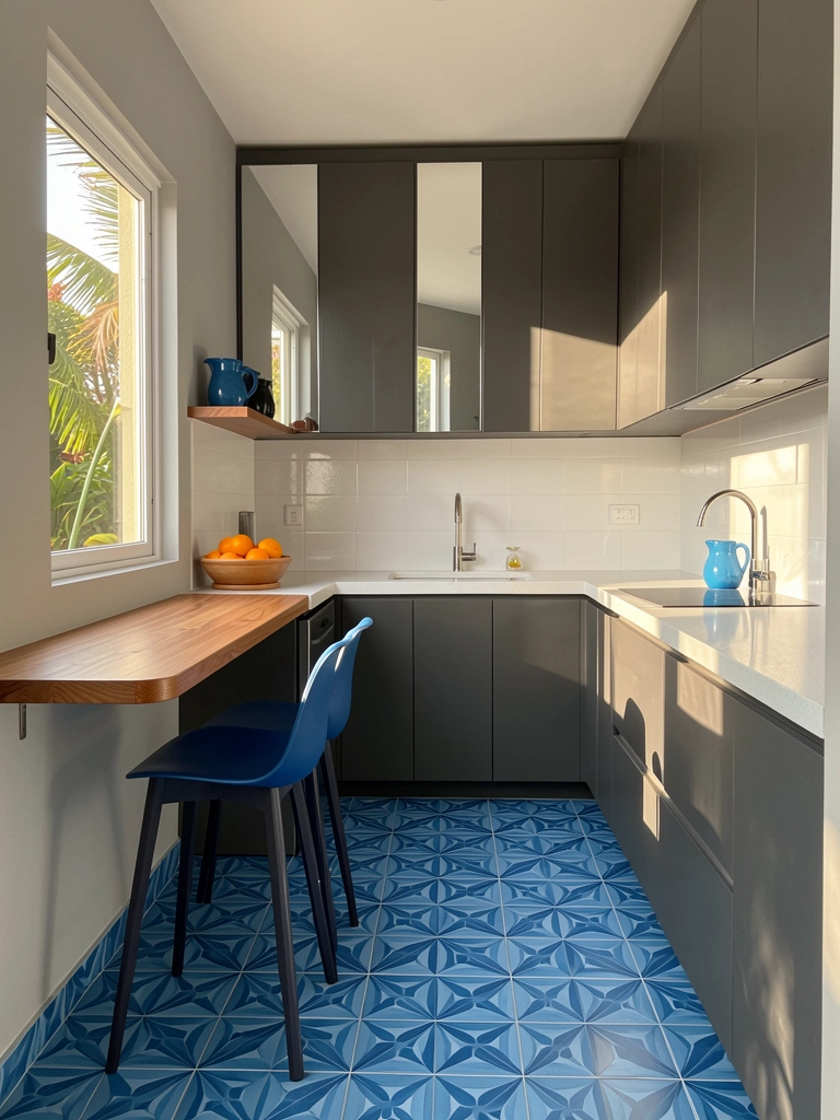 Cozinha minimalista com armários cinza escuros, bancada de quartzo branca e coifa metálica; chão de azulejos geométricos azuis e banco azul claro na bancada de madeira; luz natural entra pela janela, refletindo no armário espelhado.