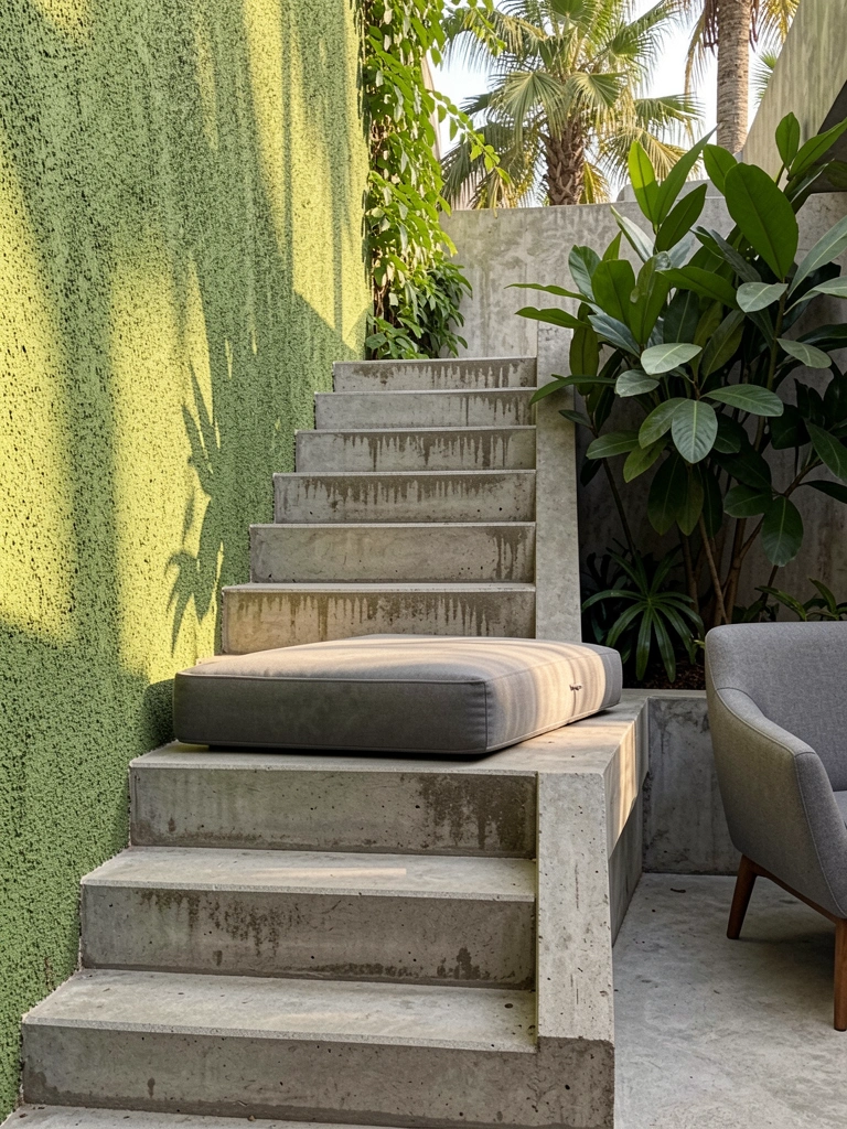 Escada de concreto com textura visível e leve desgaste, almofada cinza em banco de concreto, parede verde texturizada e planta trepadeira ao lado de poltrona cinza.
