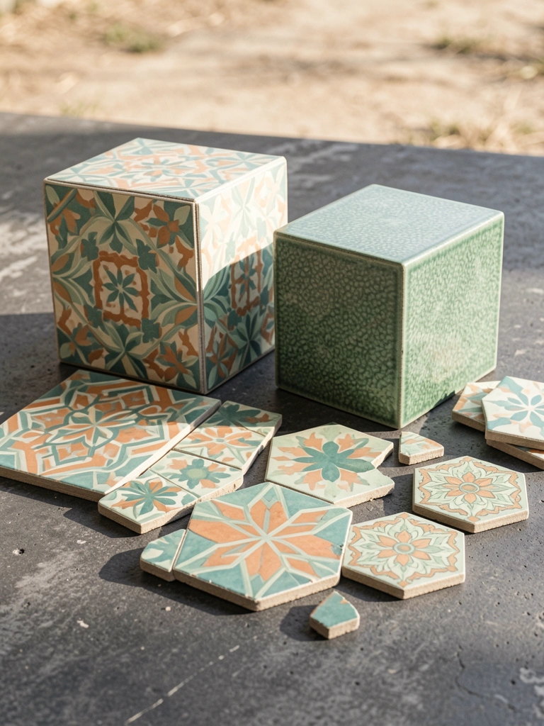 Azulejos geométricos em tons de teal, laranja e verde pálido sobre concreto cinza escuro, com luz natural destacando texturas.