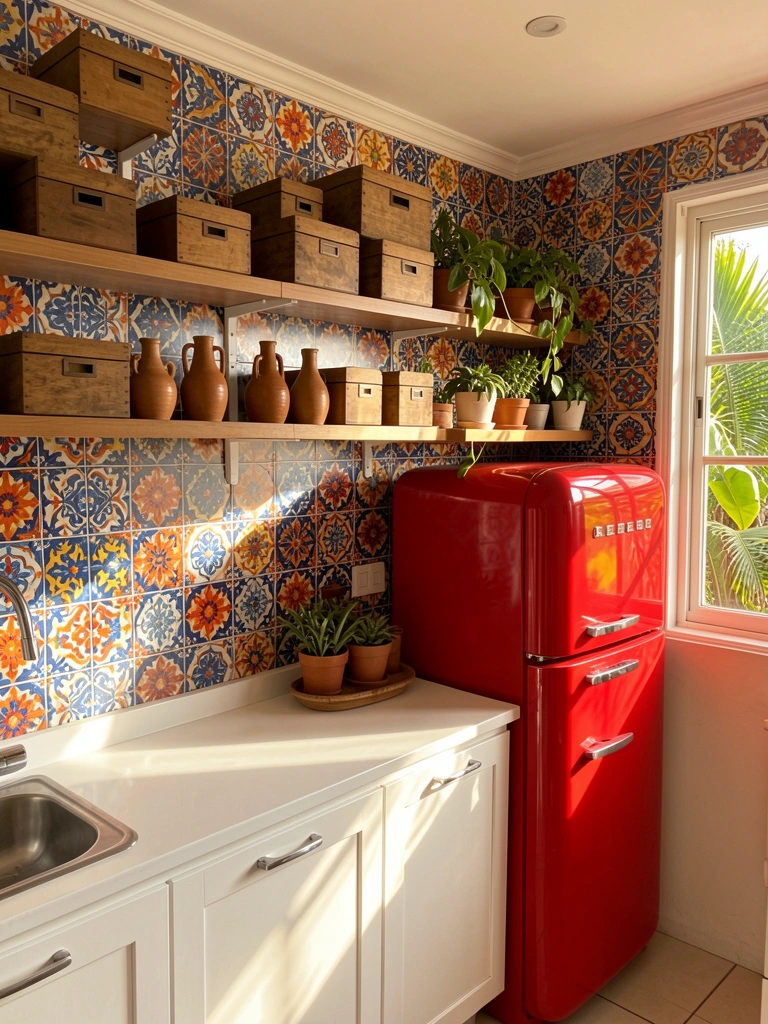 Cozinha com azulejos hidráulicos azuis e laranja, geladeira vermelha vintage, prateleiras com potes de cerâmica e plantas, luz natural filtrada.