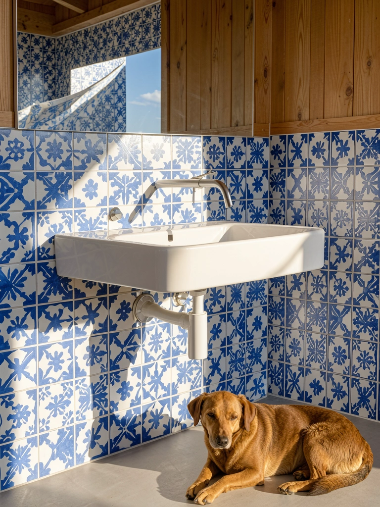 Pia branca minimalista sob azulejos azuis e brancos, cão marrom descansa no piso, luz natural com reflexo do céu no espelho.