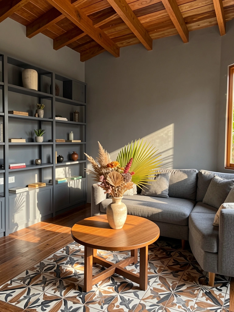 Prateleiras cinza-escuras, sofá grande cinza e mesa redonda com vaso de cerâmica contendo flores secas e folhas de palmeira sob luz natural