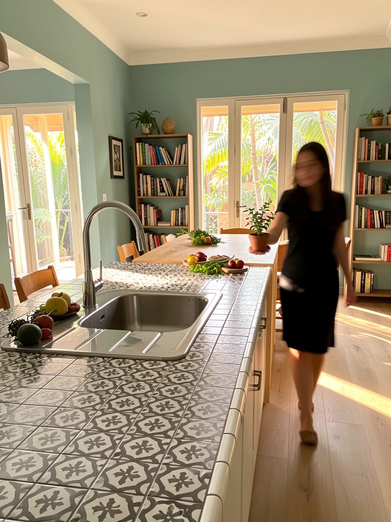 Bancada de azulejos hidráulicos escuros com pia de inox, mulher de vestido preto segurando vaso de planta em movimento, luz natural entrando por portas de vidro.
