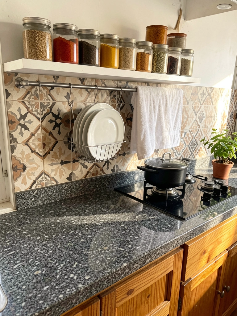 Bancada de granito cinza escuro com fogão preto e armário de madeira, prateleira branca com potes cerâmicos e especiarias, cesto de arame com pratos, luz natural.