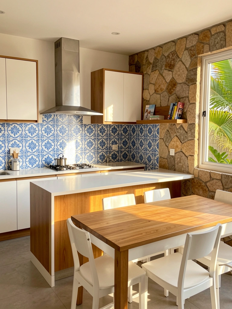 Bancada branca com livro aberto, parede de pedra texturizada e azulejo floral azul e branco sob luz natural.