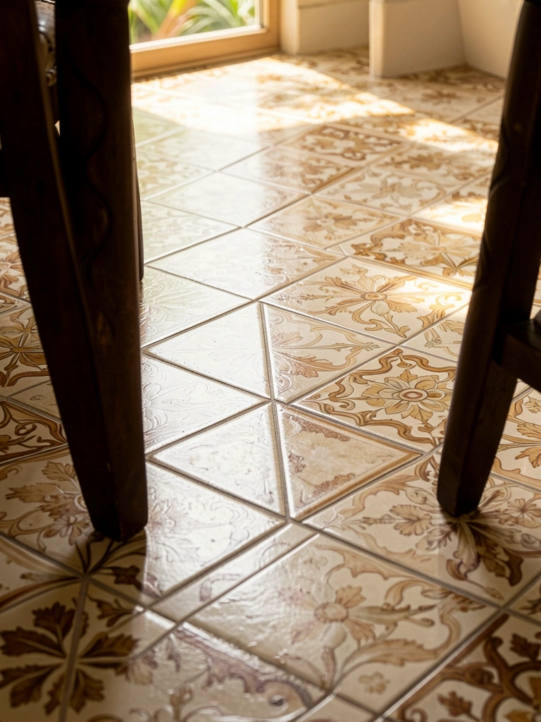 Piso de ladrilho hidráulico com padrão floral em tons de creme, bege e marrom, luz natural incidindo e perna de cadeira de madeira escura em primeiro plano.