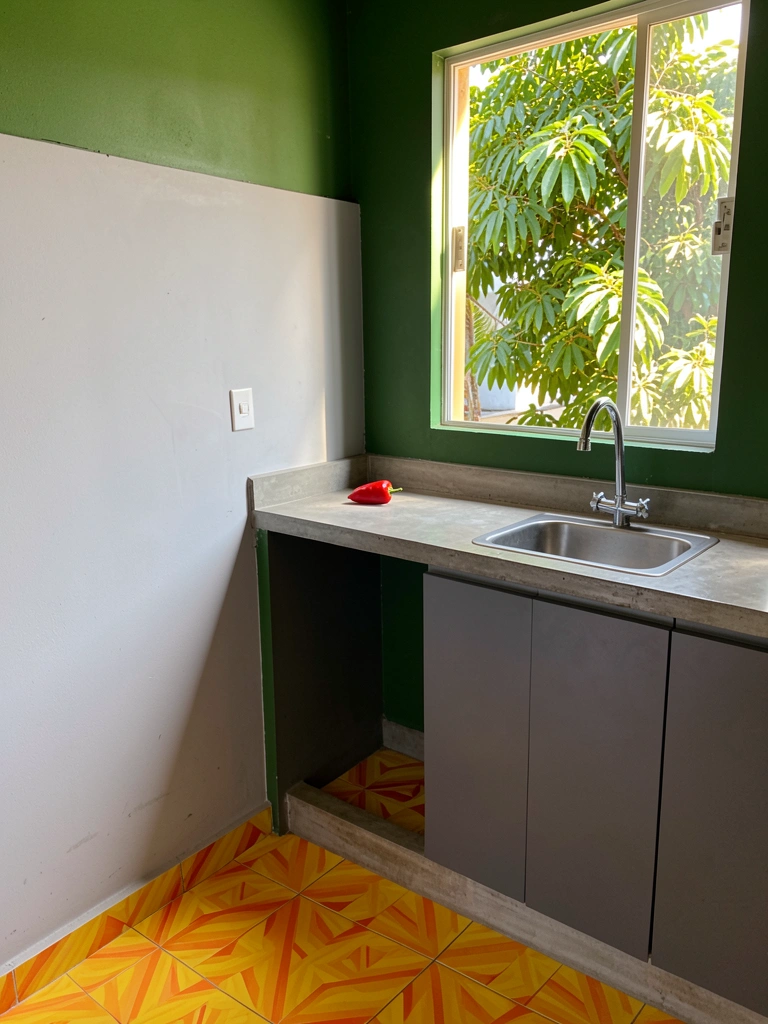 Concreto claro, pia de aço inox, armário cinza escuro, piso geométrico amarelo e laranja, pimenta vermelha sobre a bancada, parede verde escura, janela com árvore frondosa, luz natural quente.