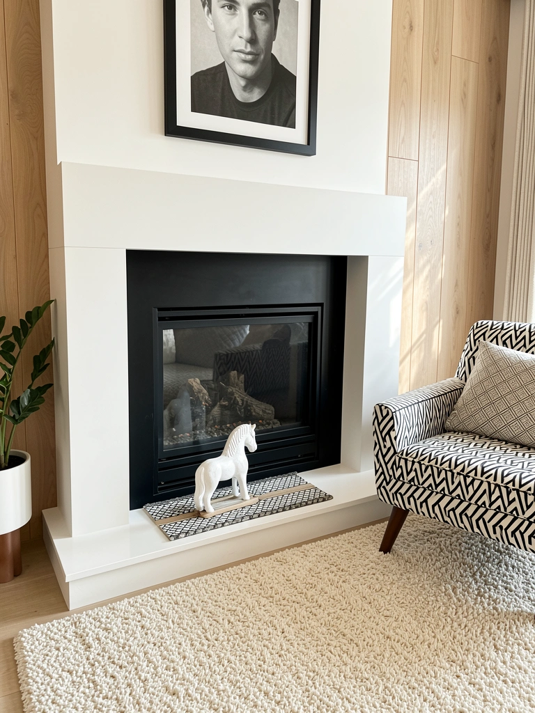 Lareira preta centralizada em móvel branco, cavalo branco sobre tapete xadrez, poltrona geométrica preta e branca à direita, quadro em preto e branco acima, parede de painel de madeira clara, luz natural.