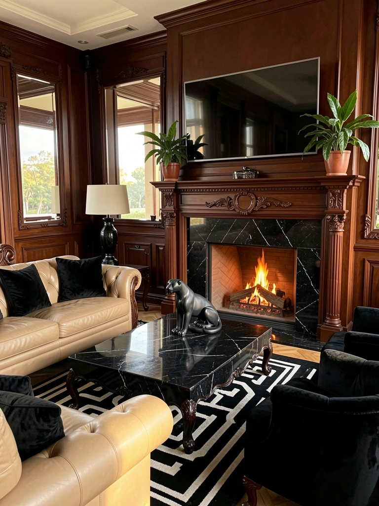 Lareira de mármore preto com fogo aceso, sofá de couro bege e poltronas de veludo preto, mesa de centro com pantera decorativa.