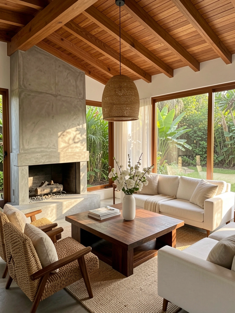 Lareira de concreto, teto com vigas de madeira e sofá branco em sala com luz natural intensa e vaso de flores na mesa escura.