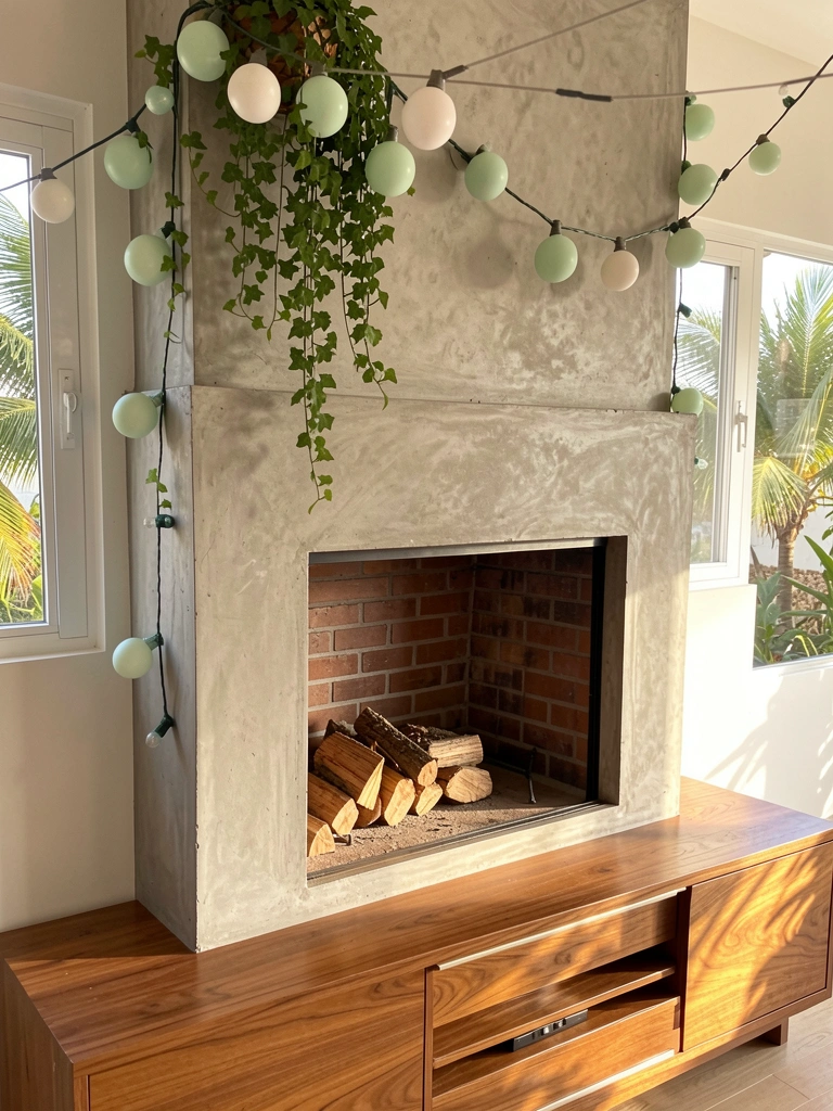Lareira embutida com tijolos aparentes, envolta em concreto, console de madeira e planta pendente com luzes de corda em verde e branco, luz natural do dia.