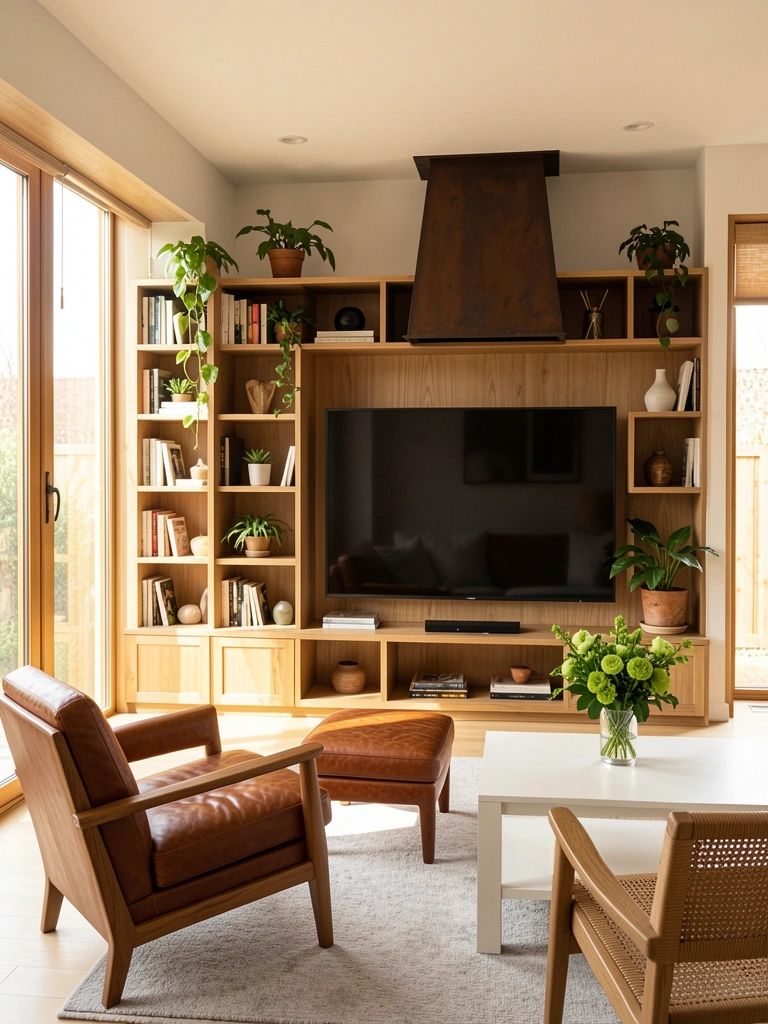 Prateleira de madeira clara com livros, vasos e plantas, TV de tela escura e poltrona de couro marrom sob luz natural.