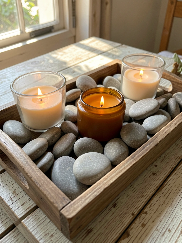 Bandeja rústica de madeira clara com pedras cinzas e velas em vidro sobre mesa desgastada, luz solar filtrada.